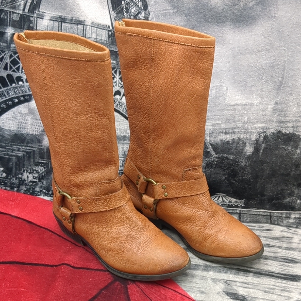Frye "Phillip Harness" Mid Calf Leather Boots Tan Youth Size 2.5